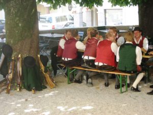 Photo of shooting society having lunch at Braueri Gasthaus beer garden in Ubertrum Austria (2008).