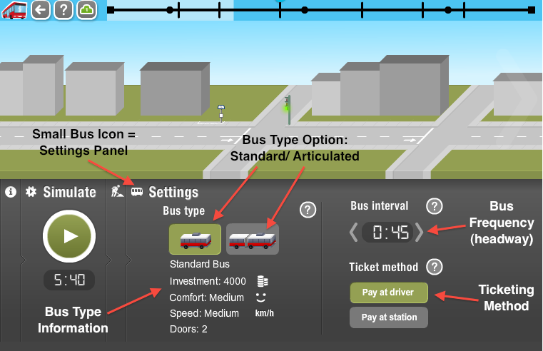 Illustration of settings panel of BusMeister public transport game