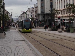 LRT on pedestrian mall in centre of Brest, France (October 2013).