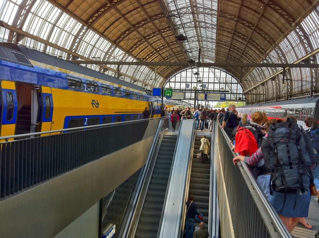 Photo of Amsterdam Central Railway Station platform level.