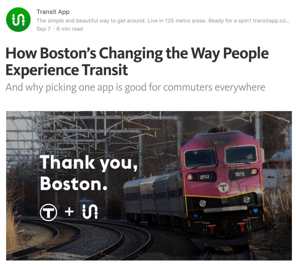 Screenshot of Transit App blog on Medium announcing MBTA recommendation (2016).