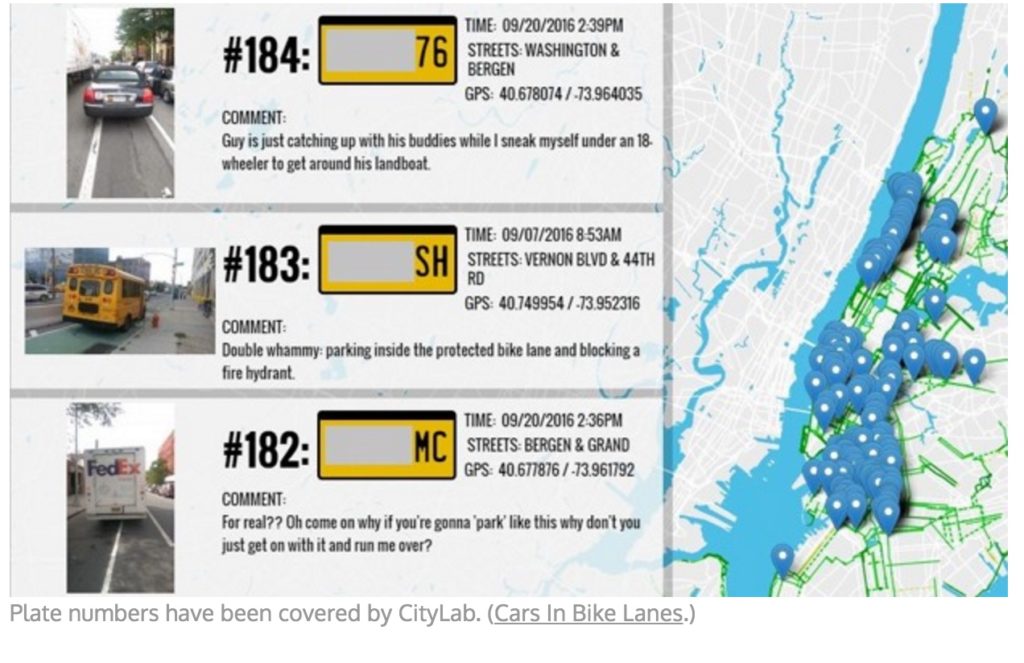 Screenshot Cars in Bike lanes website (NYC) 2016.