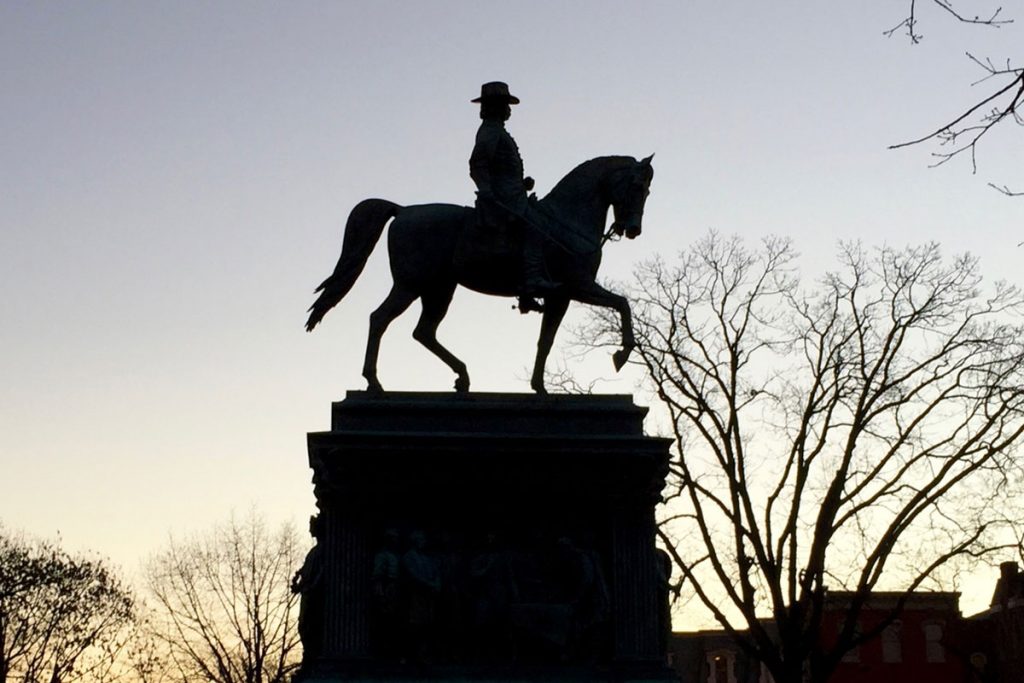 Photo of John Logan statue in Logan Circle Washington DC winter early morning.
