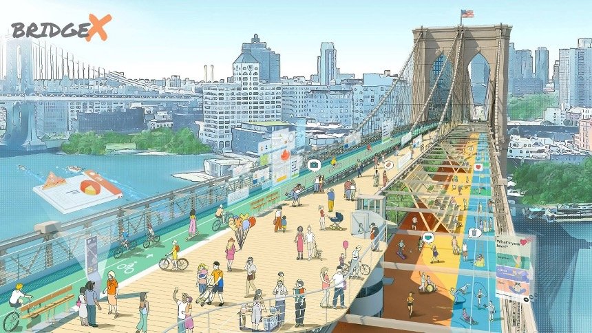 Illustration of Bridge X proposal for Brooklyn Bridge developed by ScenesLab