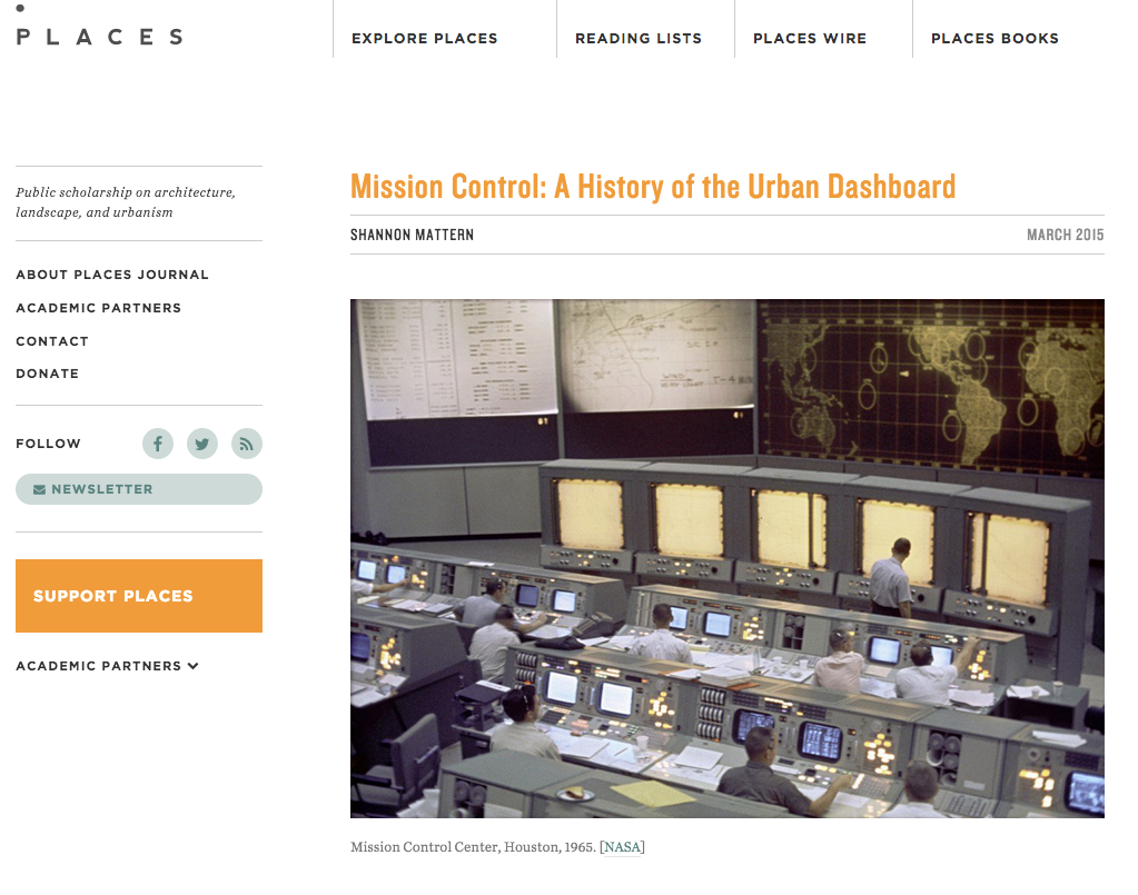 Screenshot of Places Magazine article on the history of Mission Control (2015).
