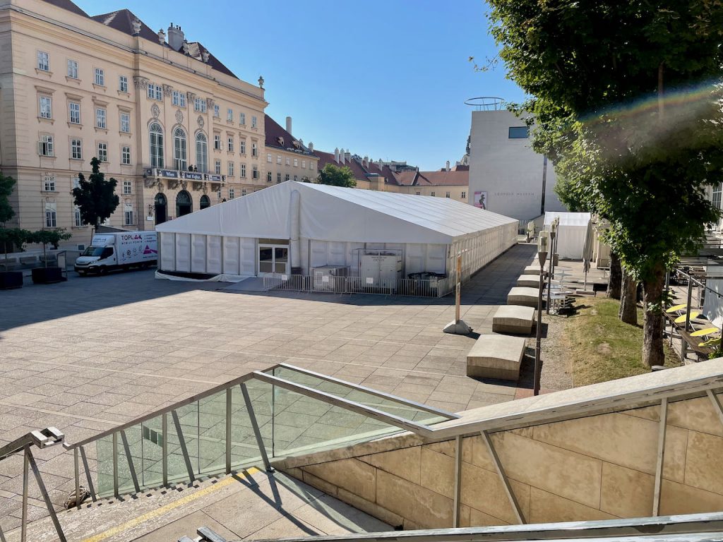 Photo of Vienna Museumsquartier courtyard filled with large tent