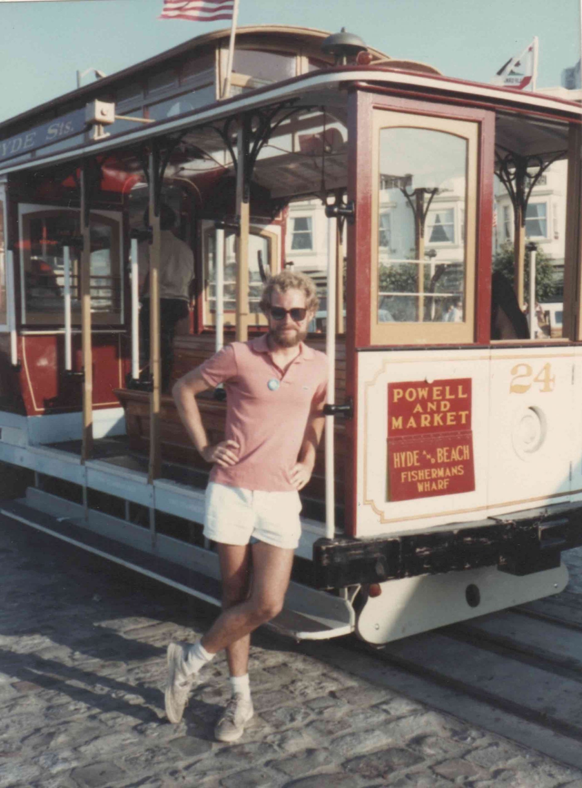 Photo of Andrew Nash in front of Hyde Street cable car in San Francisco 1984.