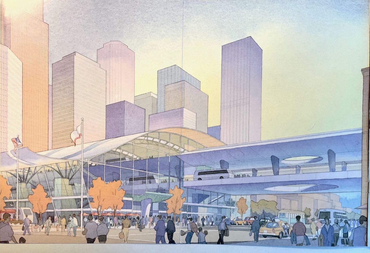 Architectural rendering of imagined new San Francisco Transbay Terminal - 1995.